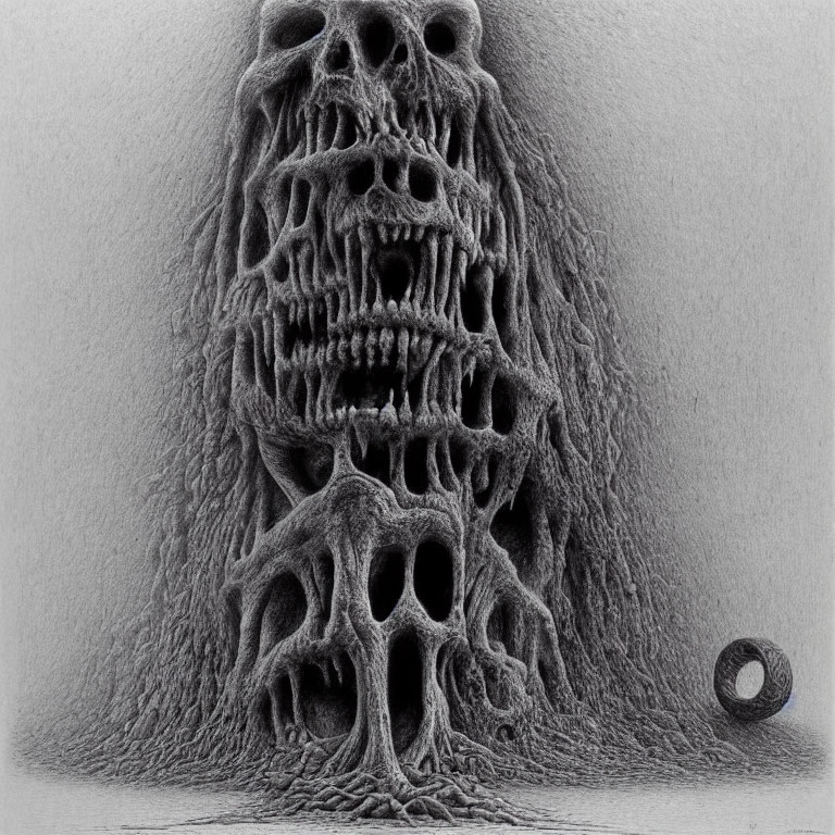 Surreal pencil drawing of screaming faces merged into tower with lone circle.