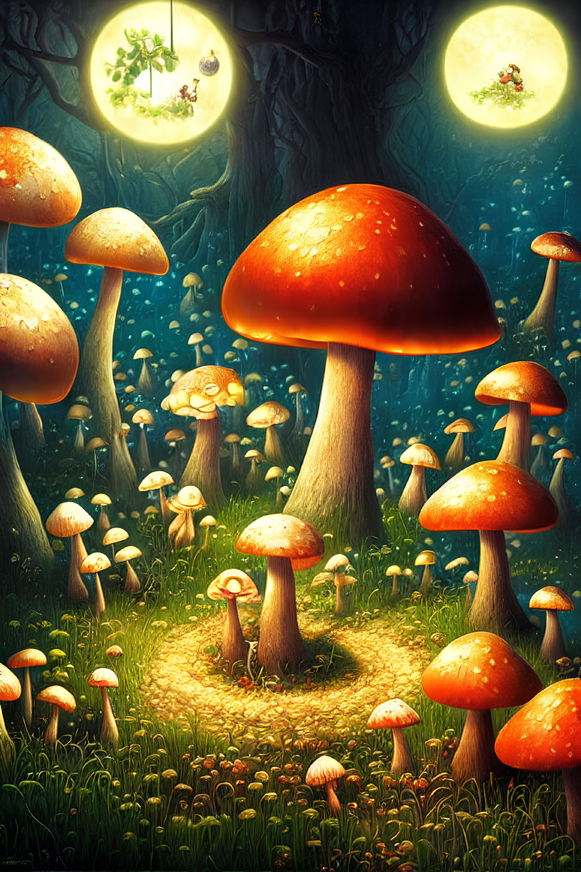 Moonlit forest glade with oversized luminescent mushrooms and glowing creatures