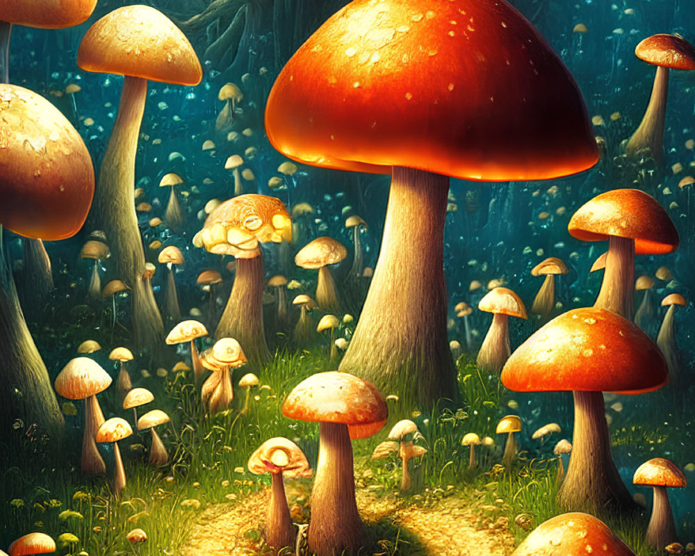 Moonlit forest glade with oversized luminescent mushrooms and glowing creatures