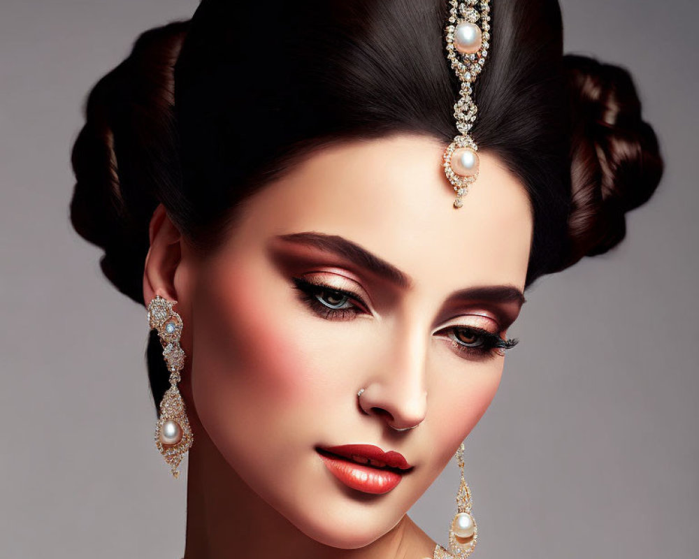 Sophisticated woman with pearl jewelry and maang tikka on gray backdrop