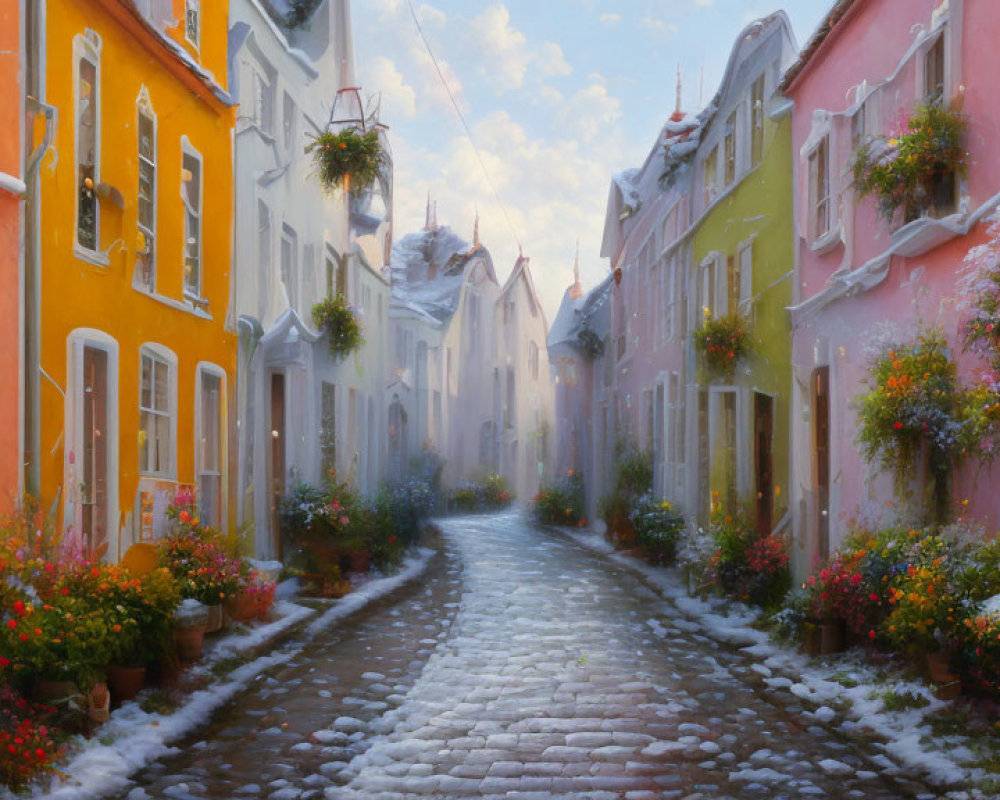 Scenic cobblestone street with colorful houses and snowfall