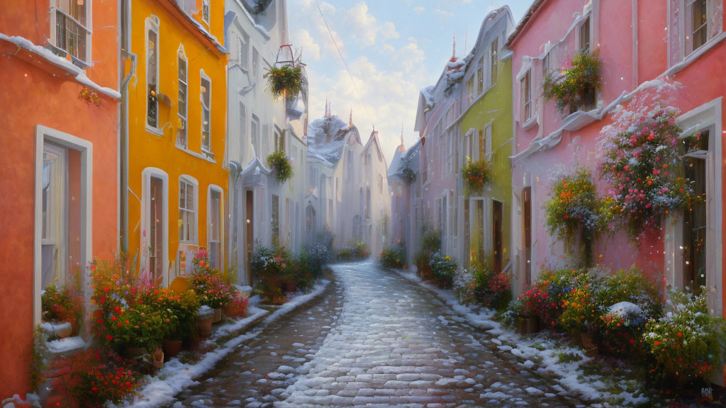 Scenic cobblestone street with colorful houses and snowfall