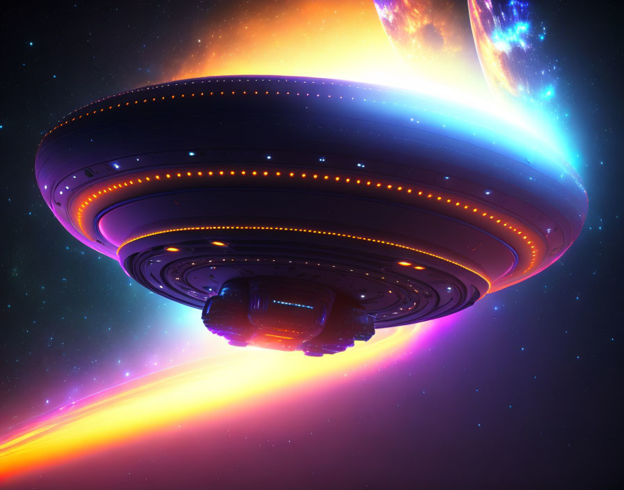 Colorful Sci-Fi Image: Large UFO Speeding Through Space