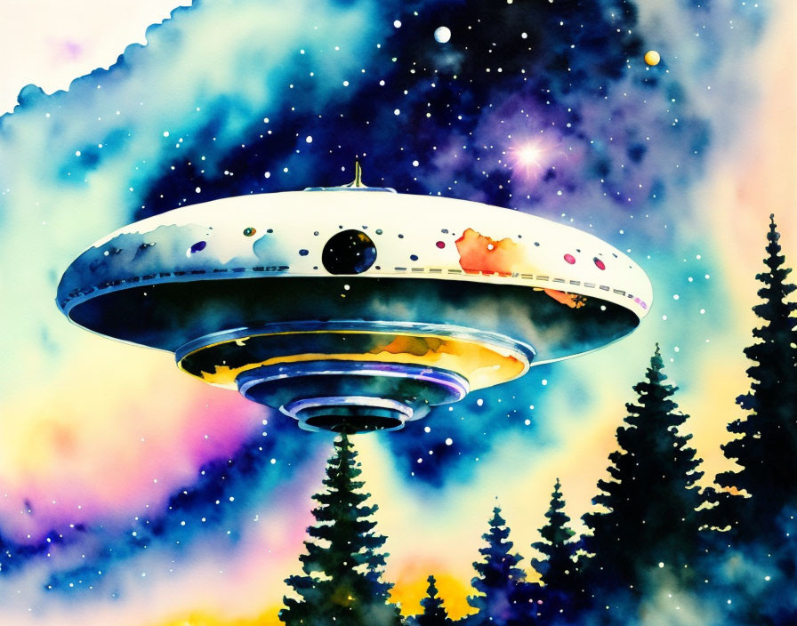 Watercolor painting: UFO over pine forest under starry sky