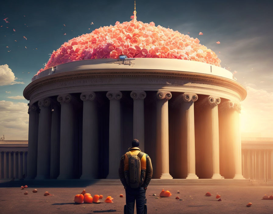 Backpacker in front of classical building with orange roses under dramatic sky