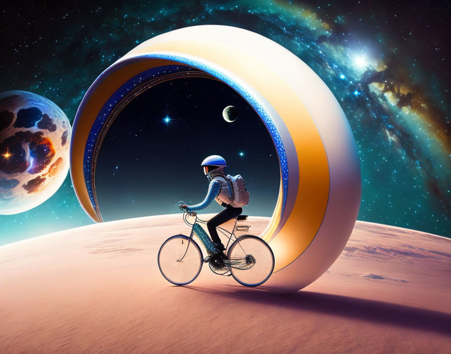 Astronaut on bicycle explores alien desert with glowing archway