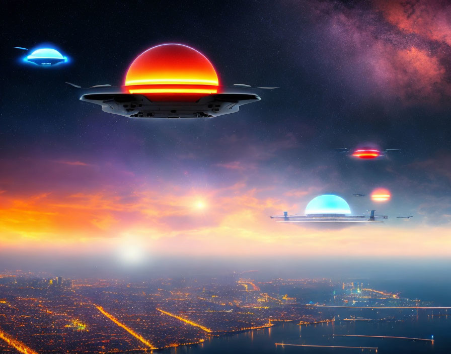 Futuristic UFOs in colorful sunset cityscape