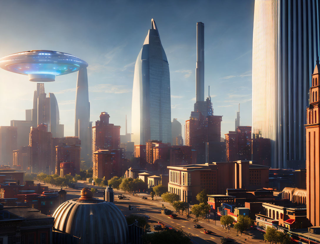 Futuristic cityscape with soaring skyscrapers and flying saucer