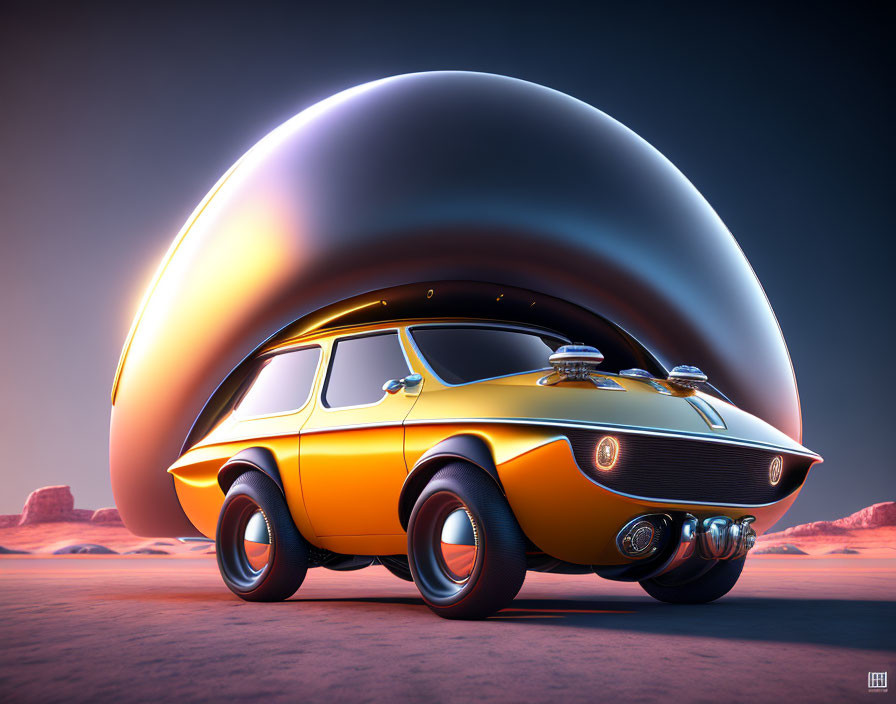 Retro-futuristic orange car in desert sunset landscape
