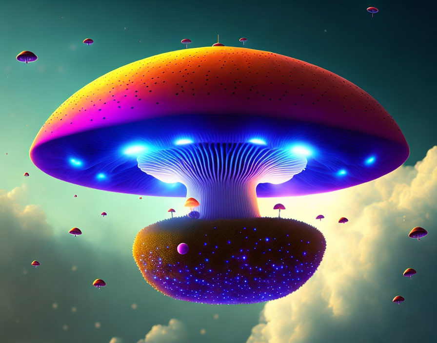 Fantastical image: Giant glowing mushroom in dreamy sky