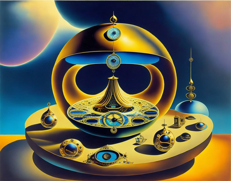 Surrealist painting: celestial orbs, golden structures, flowing blue accents