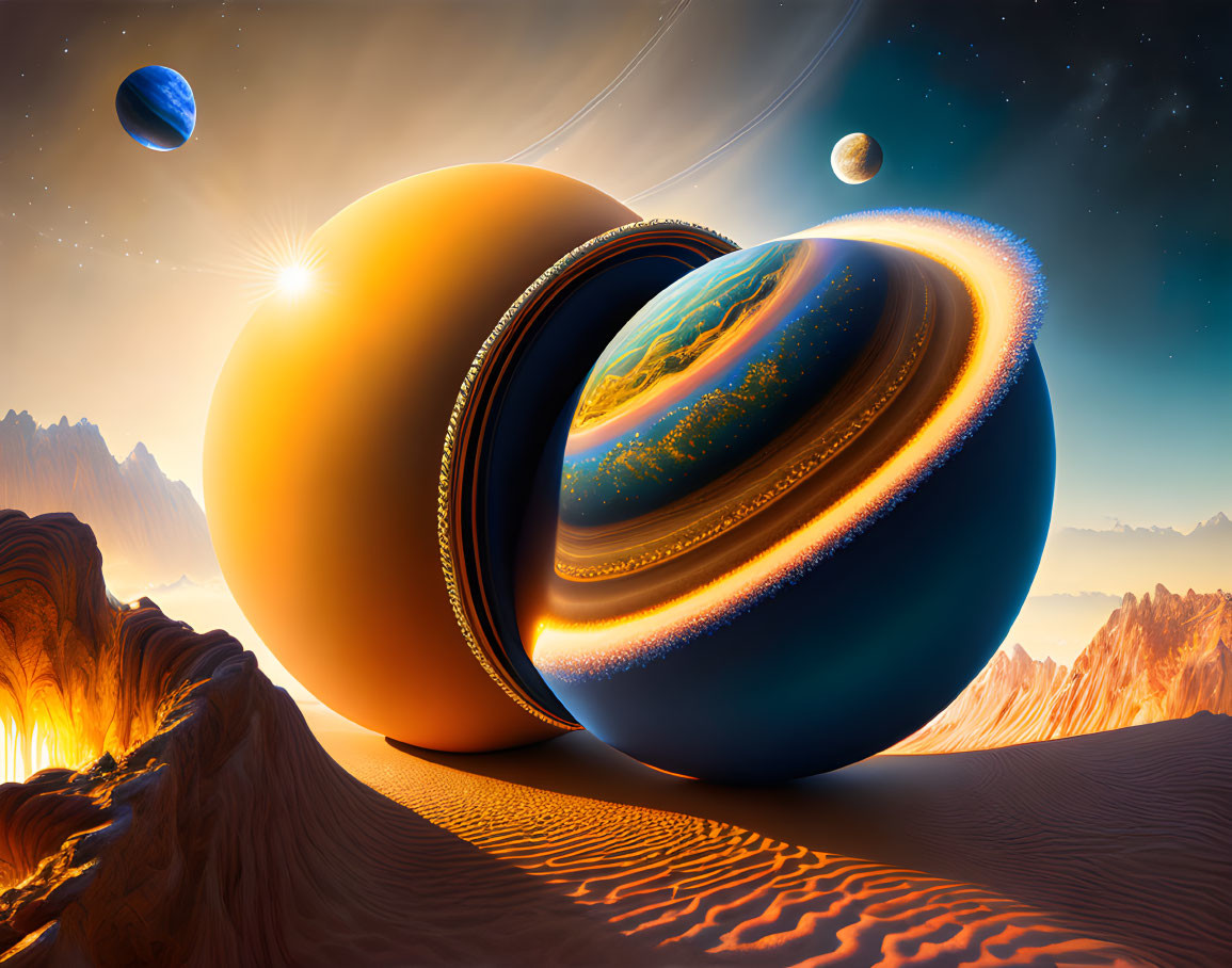 Surreal landscape with sliced Earth-like planet and desert foreground