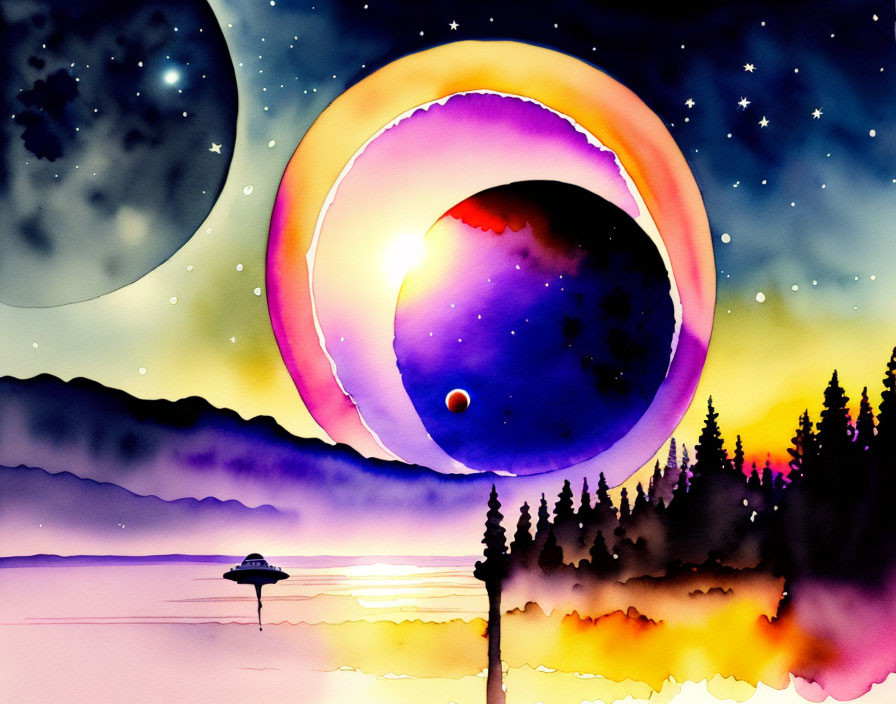 Colorful Watercolor Painting of Planets Over Pine Forest & Water