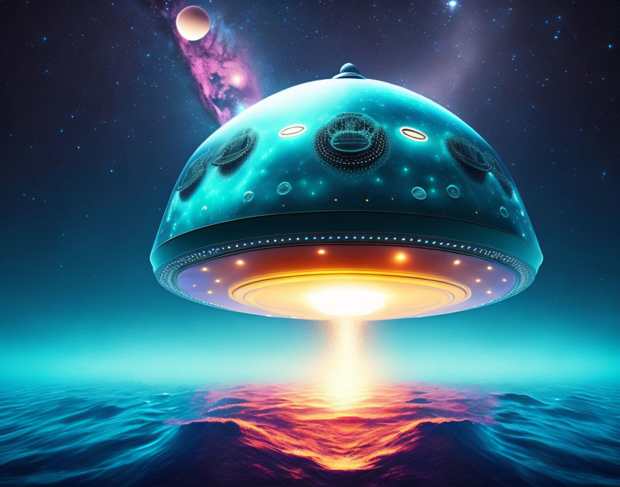 Digital illustration: UFO over water with cosmic background