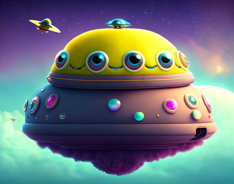 Vibrant illustration of multi-eyed spaceship in alien sky