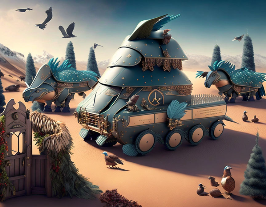 Steampunk-style fantasy vehicle with fish elements in desert landscape surrounded by birds, whimsical door,