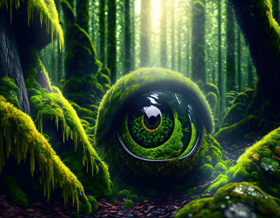 Lush Forest Scene with Hyper-Realistic Eye and Sunbeams