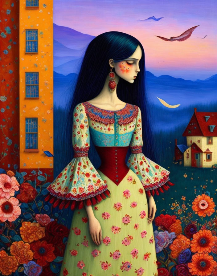 Stylized artwork of woman with blue-black hair in floral dress against whimsical backdrop