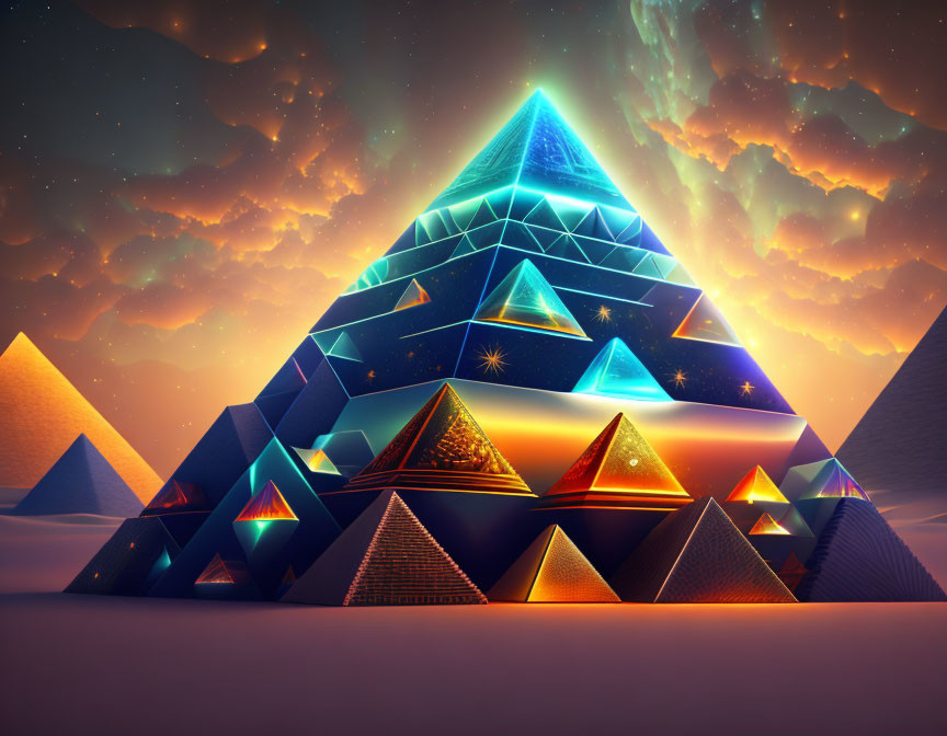 Digital artwork of luminous pyramid in desert night landscape