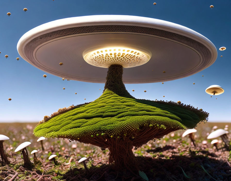 Surreal mushroom with UFO landscape on cap surrounded by smaller UFOs