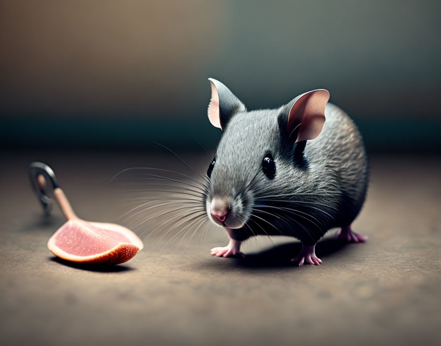 Tiny mouse with glossy fur near watermelon on miniature table under soft lighting