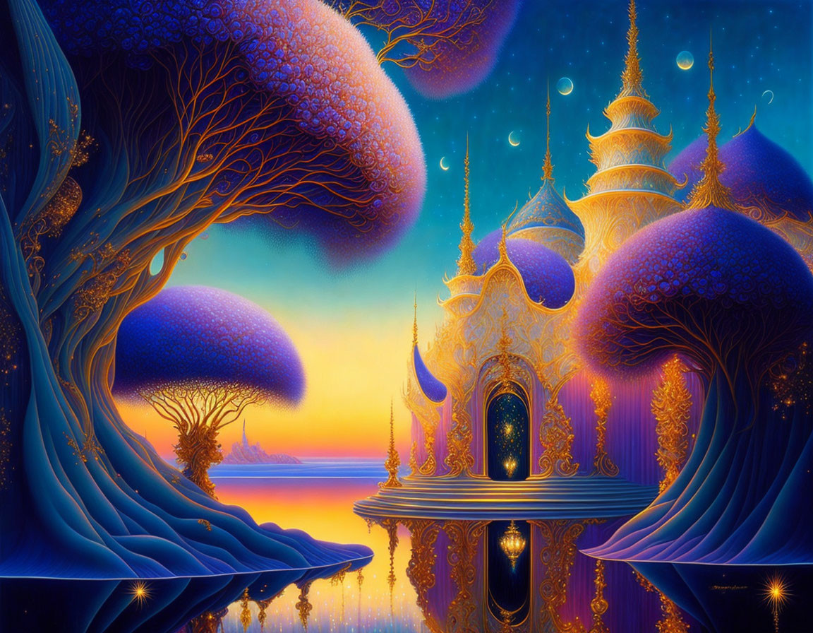 Luminescent Trees, Reflective Water, Golden Temple: Fantasy Landscape