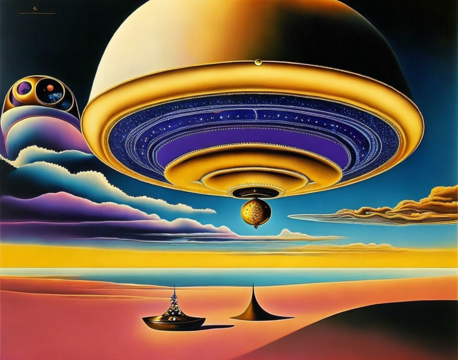 Vibrant surreal landscape with oversized planets and floating structures