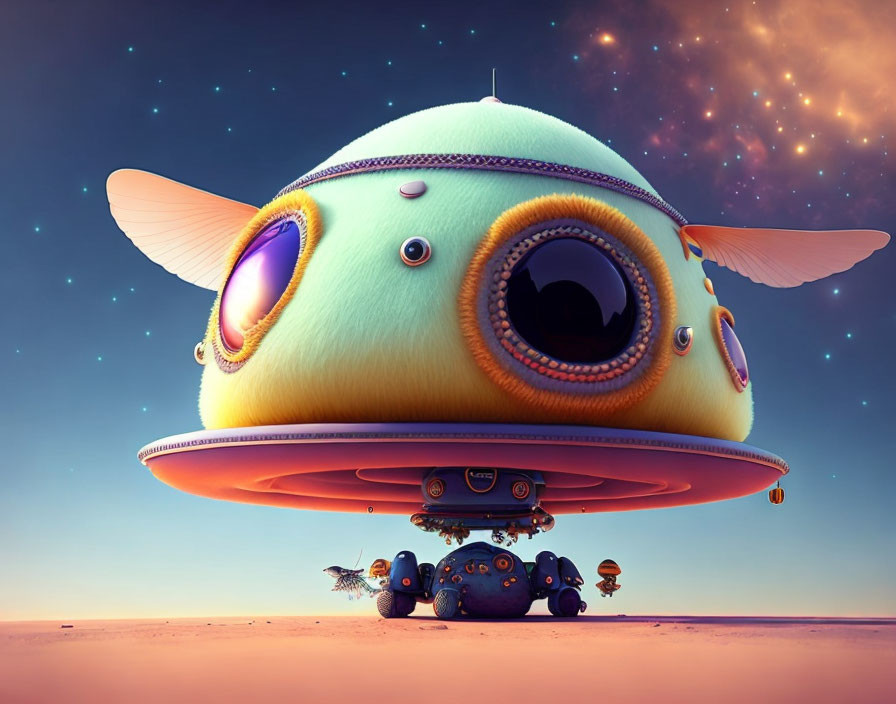 Vibrant alien spaceship with eyes and wings, robots under dusk sky