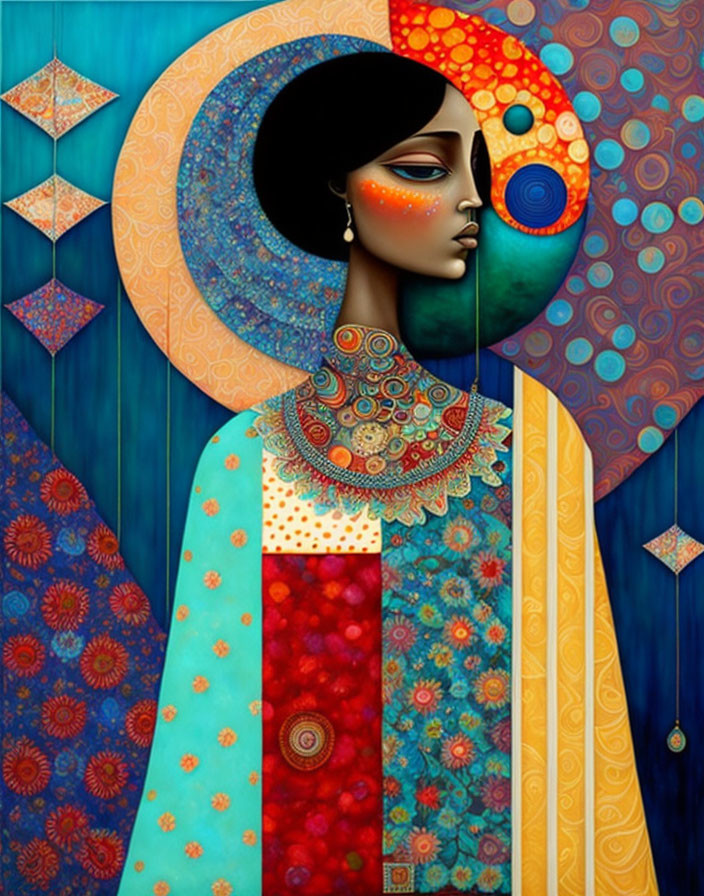Vibrant digital painting of a woman with stylized features and colorful makeup on decorative blue backdrop