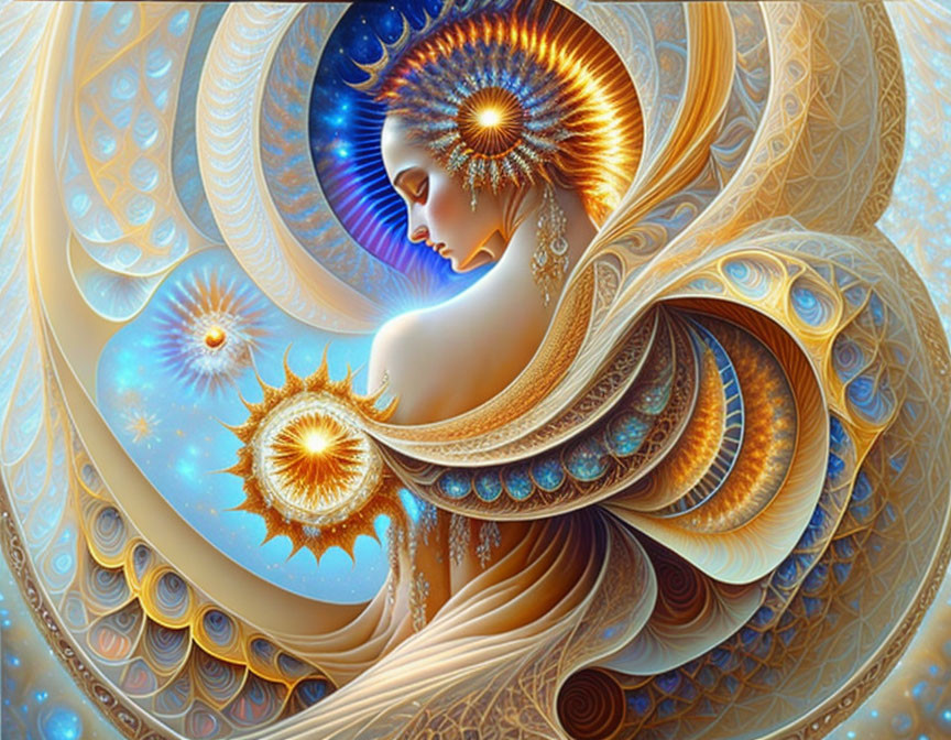 Vibrant celestial-themed woman illustration in blues and golds