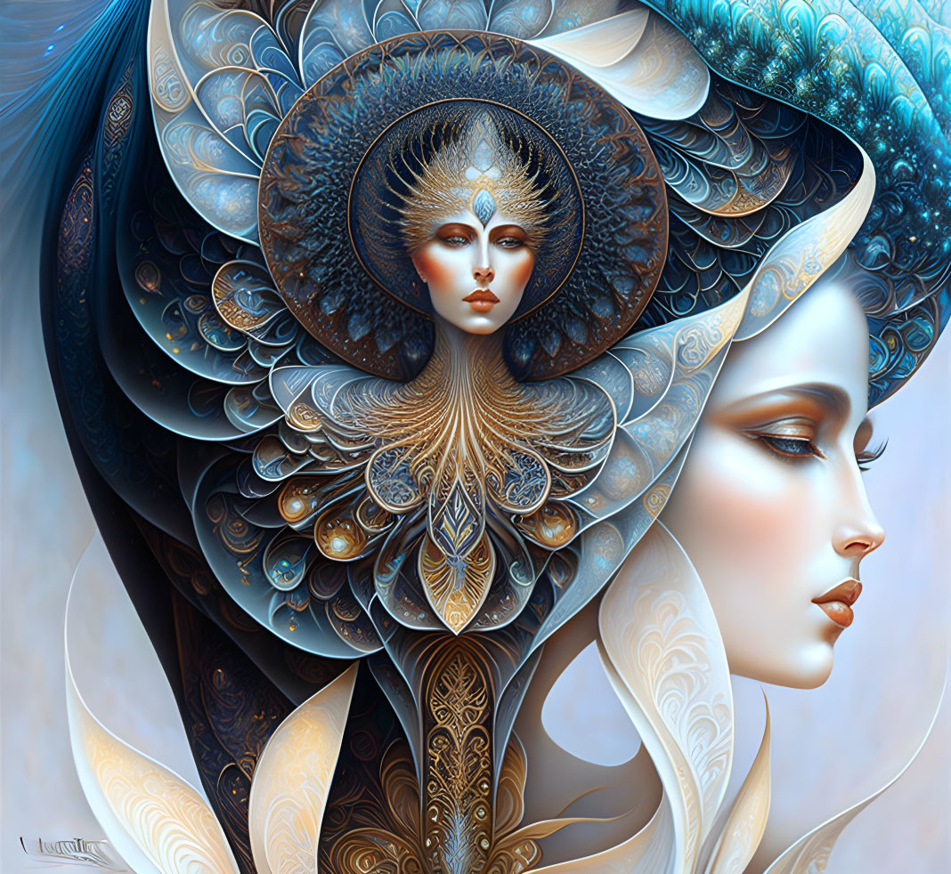 Digital artwork of female figure with peacock feather-like adornments in blue, gold, and cream.