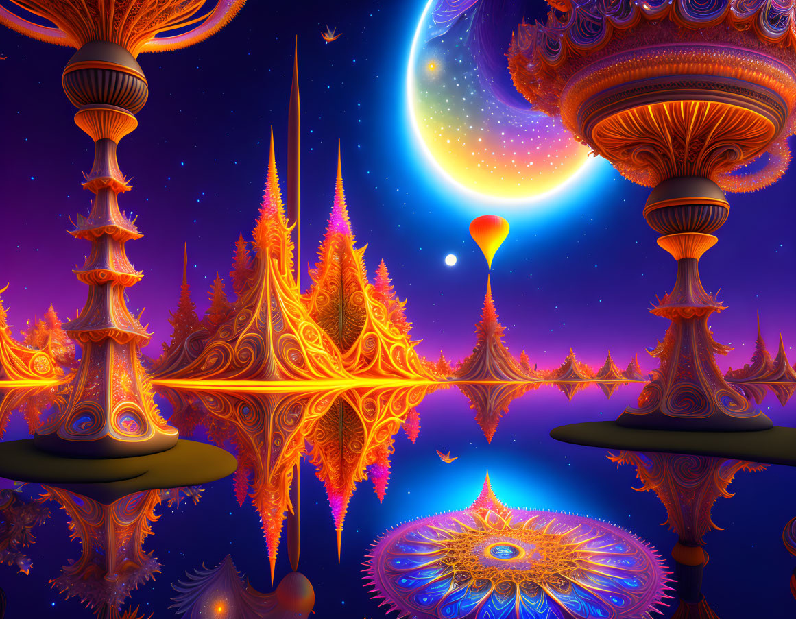 Surreal landscape with alien structures, floating islands, hot air balloon, moon, and starry