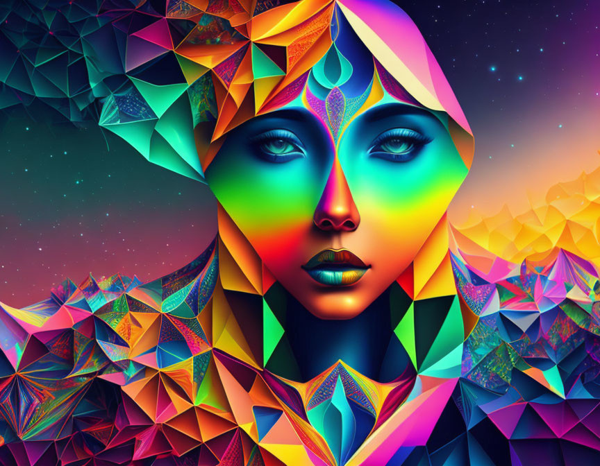 Colorful geometric patterns adorn woman's face in vibrant digital art