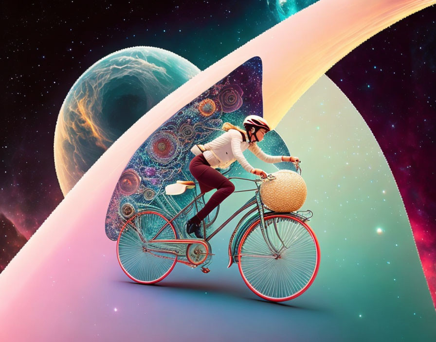 Person in white outfit rides vintage bicycle in cosmic landscape