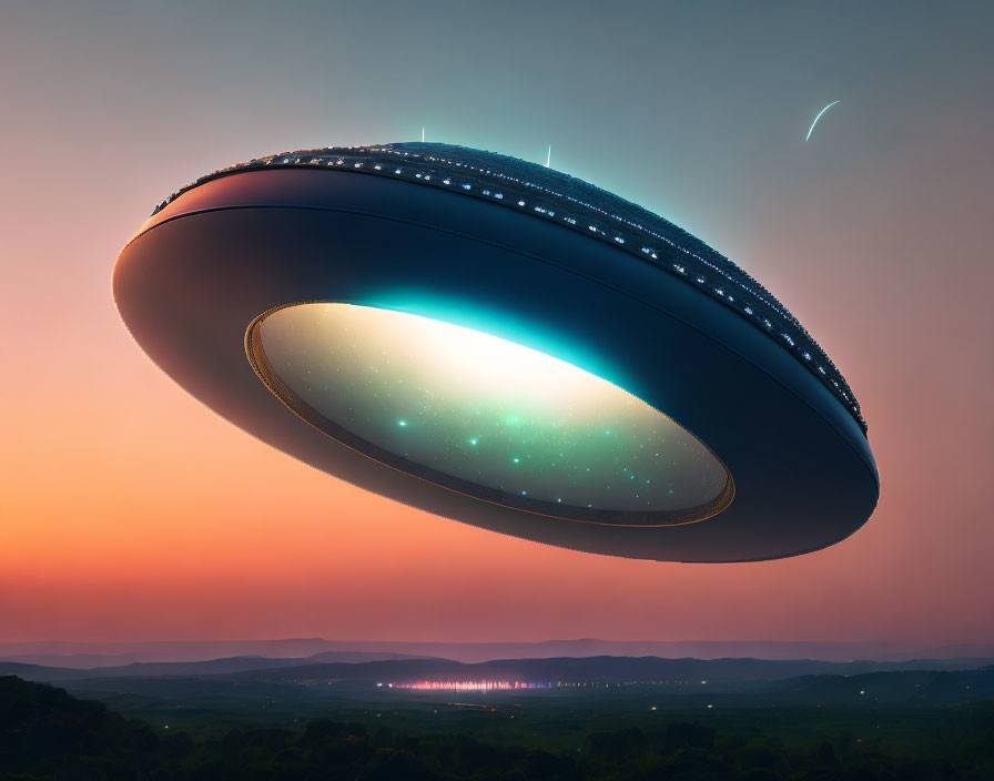 Illuminated UFO hovering in dusky sky over serene landscape