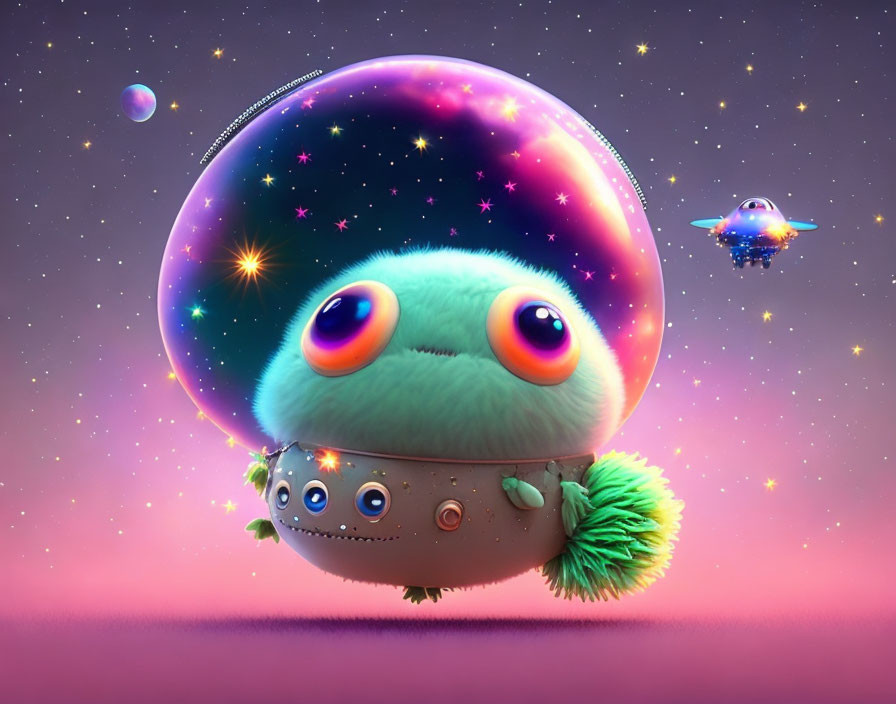 Adorable animated creature in starry spaceship helmet with cosmic background