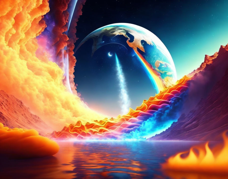 Surreal landscape with fiery cliffs, blue waves, Earth, iridescent ocean