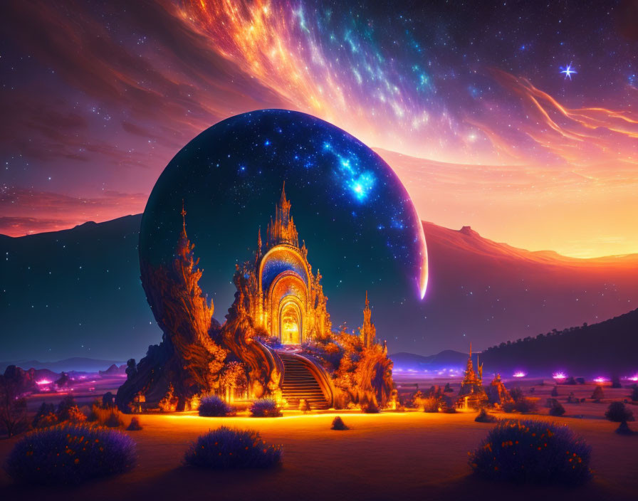 Fantastical landscape with illuminated castle under starry sky and giant planet in serene purple twilight