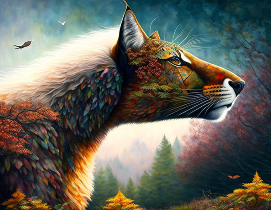Lynx Head Artwork in Forest Landscape with Autumn Colors