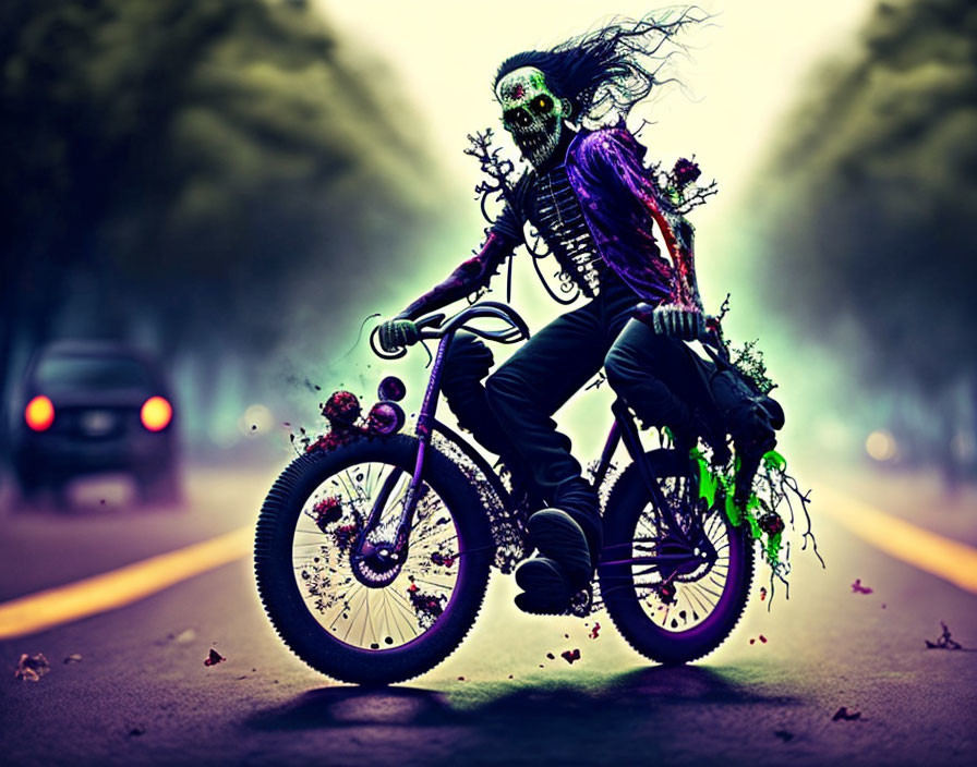 Skeletal figure with green highlights biking on foggy road