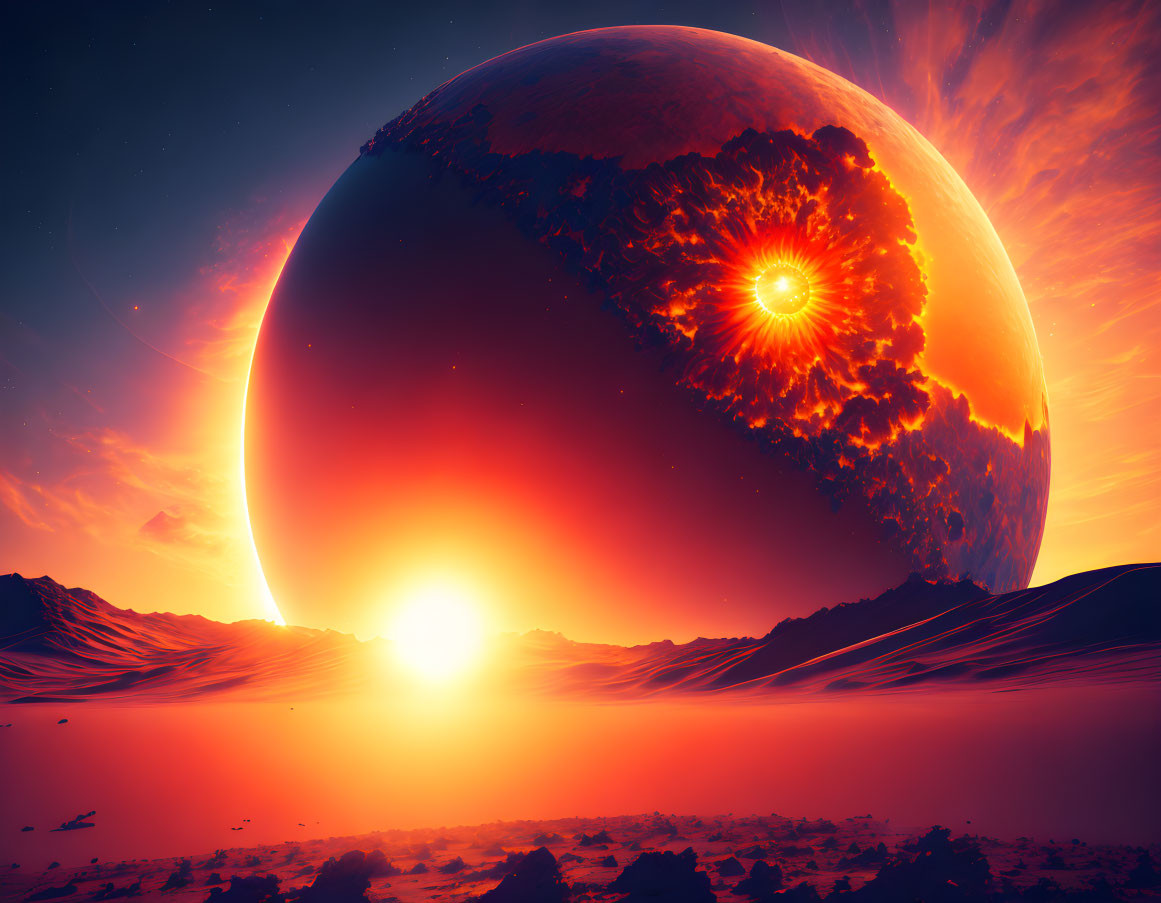 Glowing planet over rocky alien terrain in surreal landscape