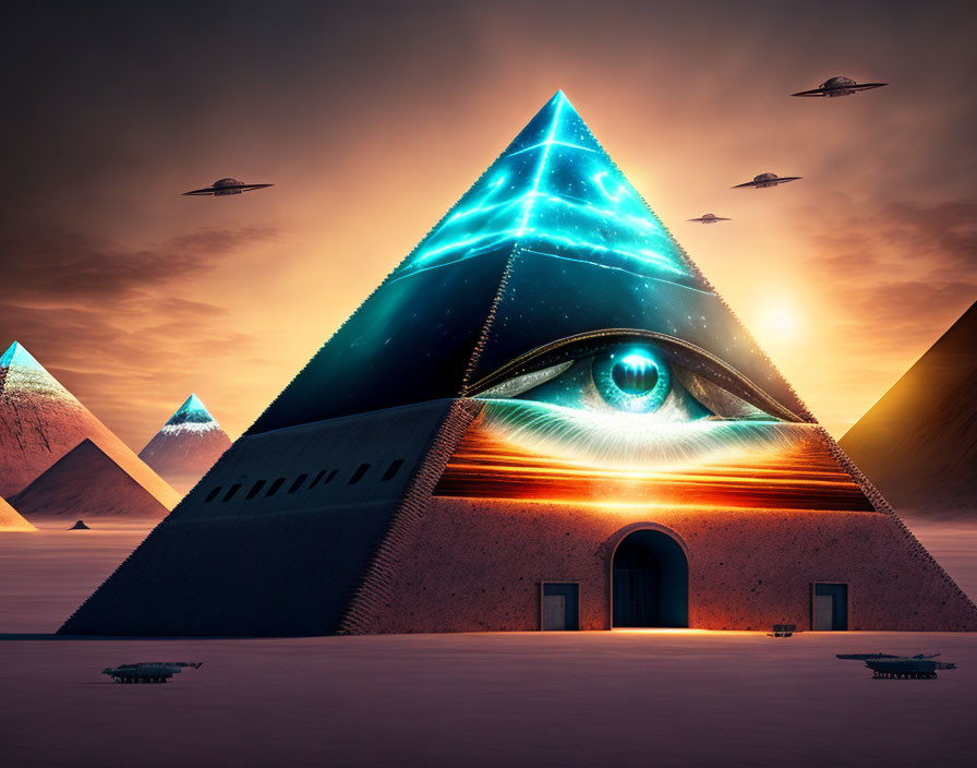 Surreal pyramid with glowing eye under starry sky and hovering spacecraft in desert
