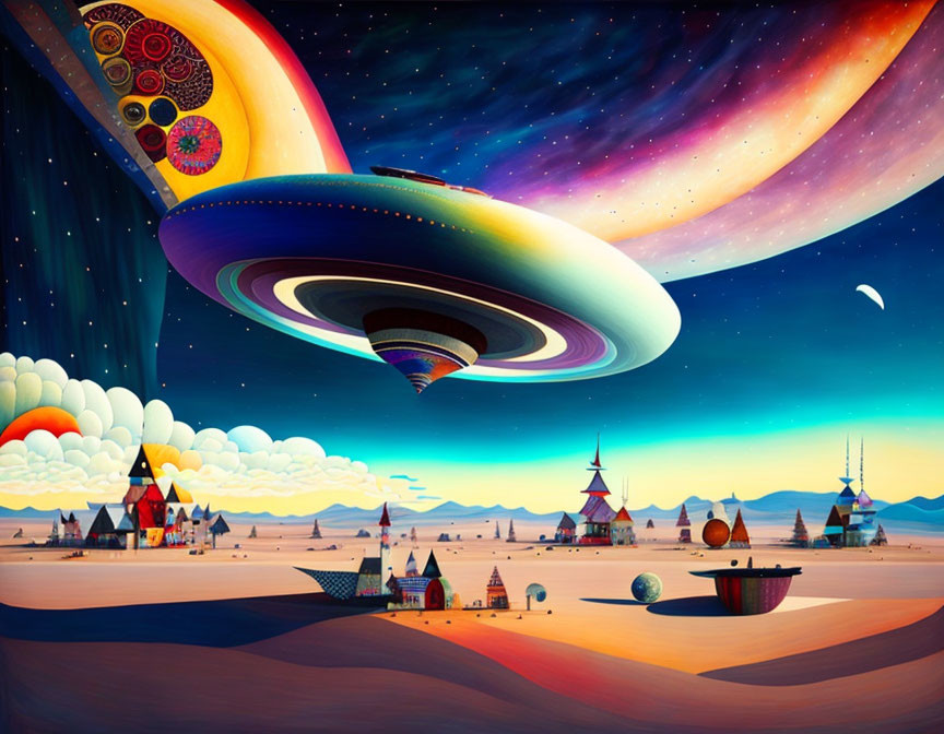 Colorful UFO and galaxies in whimsical landscape