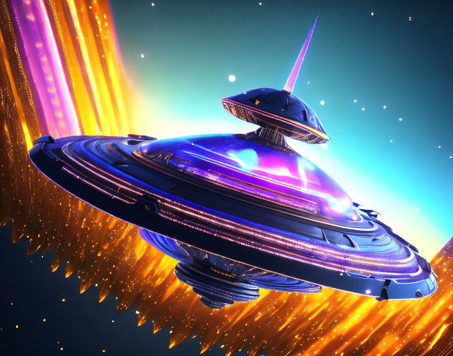 Detailed 3D illustration of classic flying saucer UFO in cosmic scene