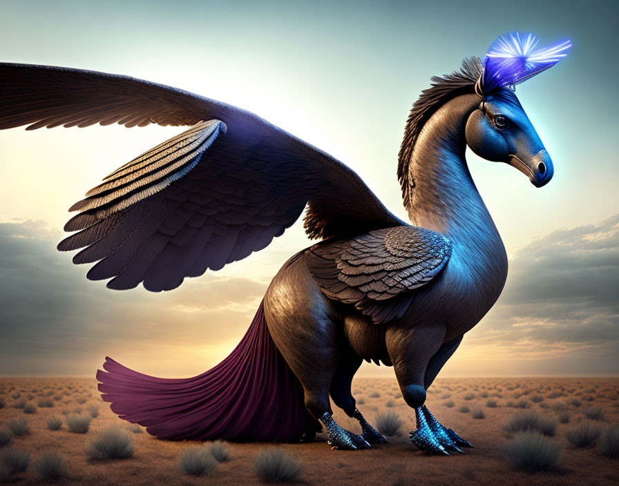Majestic Pegasus with open wings in desert under amber sky