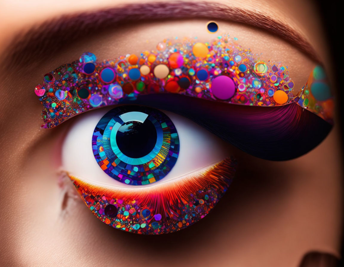 Close-Up Eye with Colorful Artistic Makeup: Glitter, Sequins, Saturated Hues