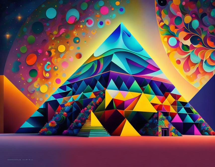 Colorful Psychedelic Pyramid Artwork with Galactic Background
