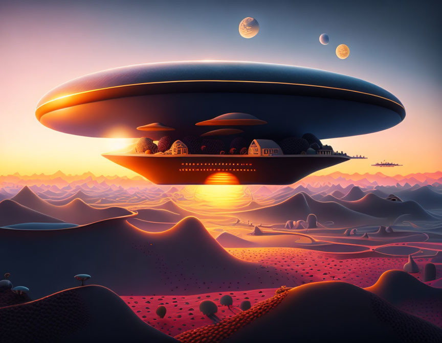 Futuristic sunset landscape with hovering disc-shaped structures