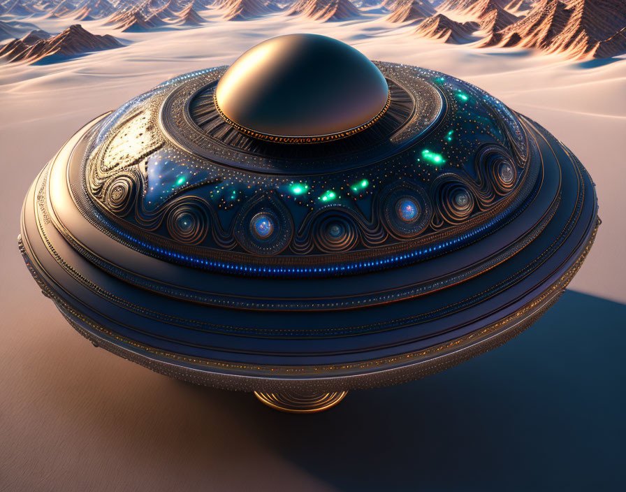 Detailed Futuristic UFO Lands on Desert Terrain at Sunset