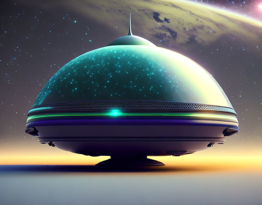 Futuristic spaceship hovering above planet's surface at twilight